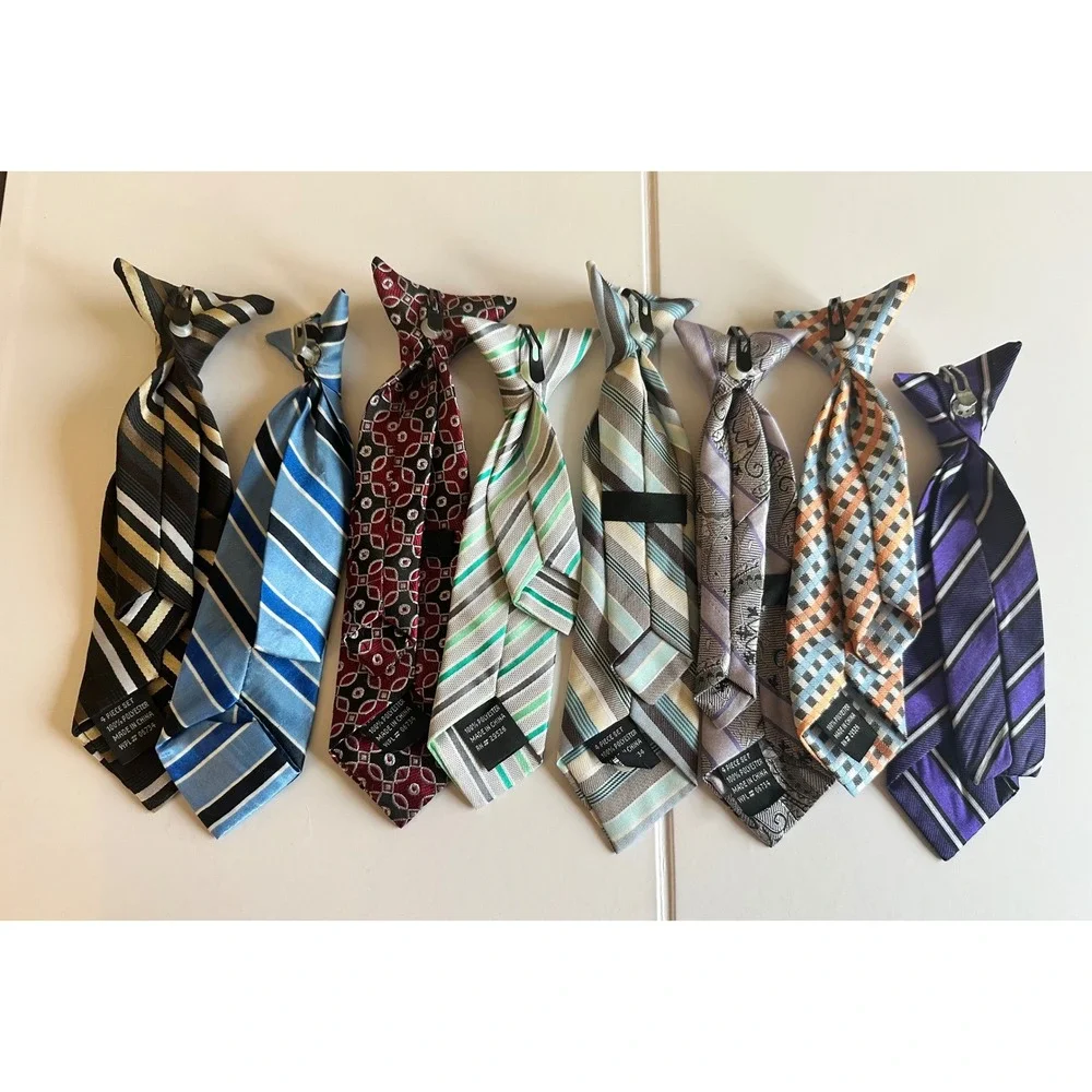 Lot of 8 Boys Clip On Neckties Assorted Stripes Paisley Geometric Formal Ties 9